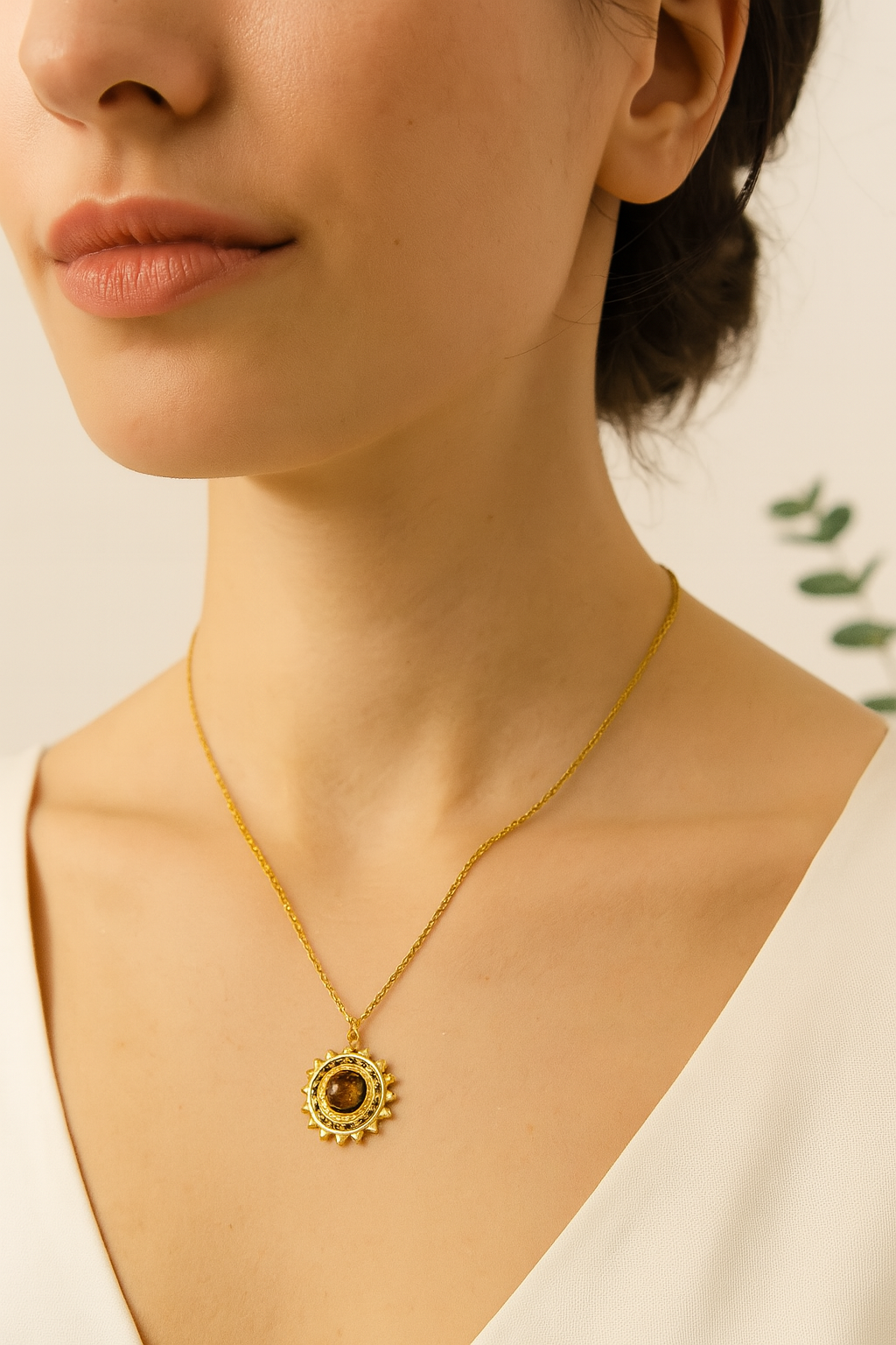 Style plating inlay round natural stone necklace