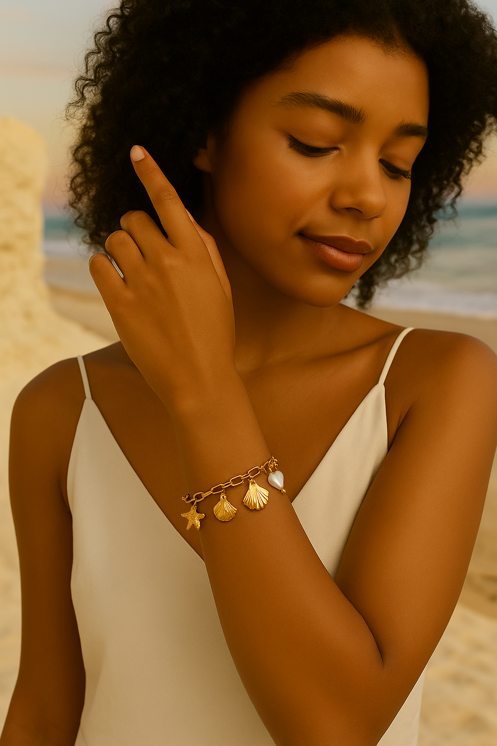Bracelet with heart and shell pendants