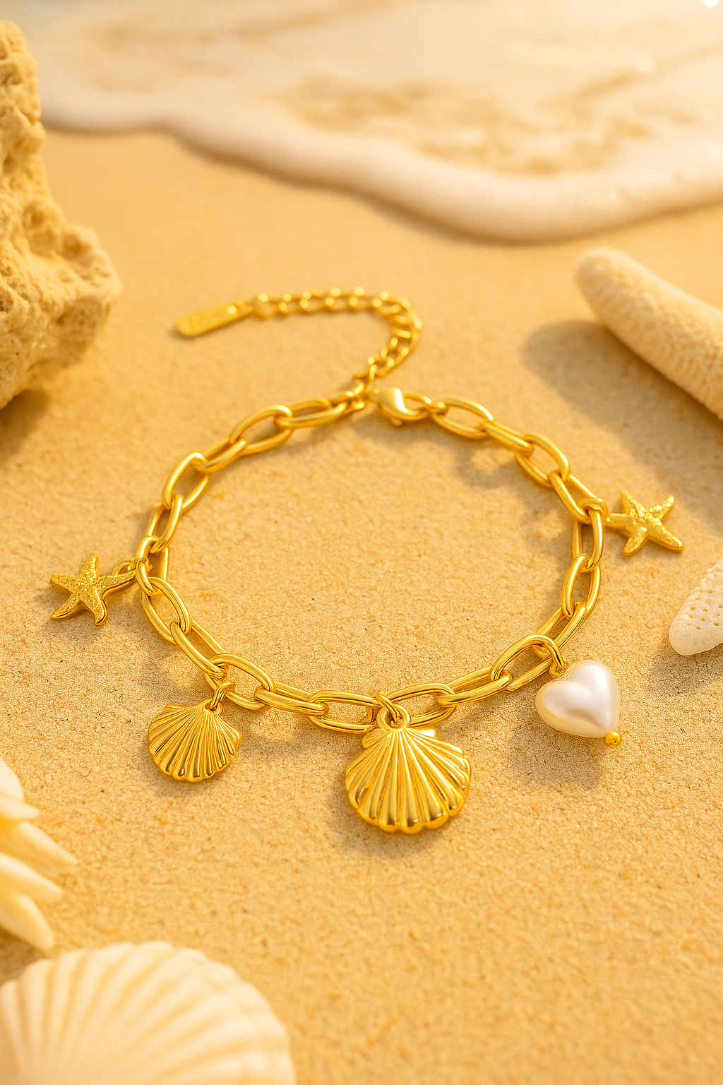Bracelet with heart and shell pendants