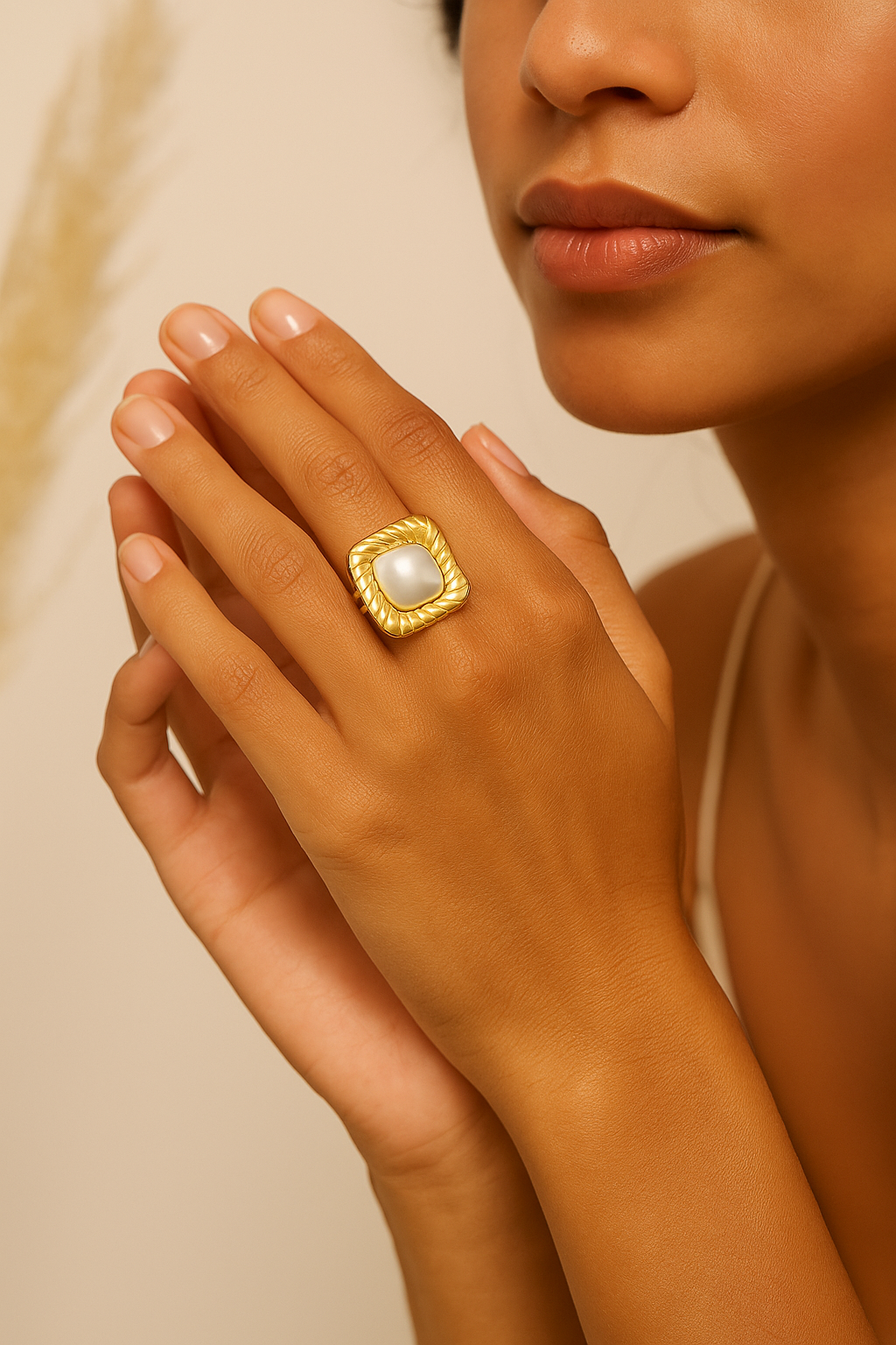 Square rings with white pearl