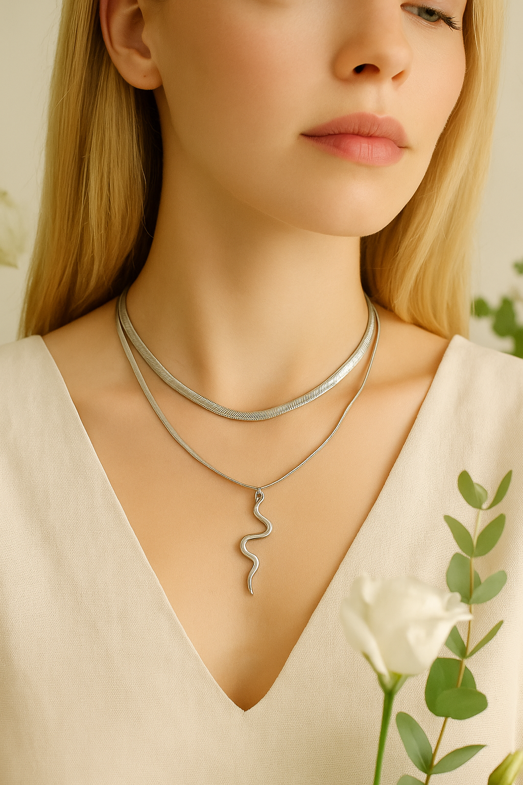 Double-layer necklace with snake pendant