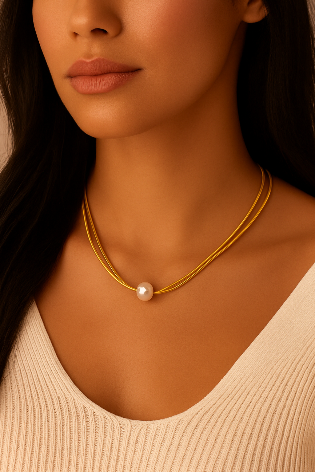 Double-layer necklace with white round pearl