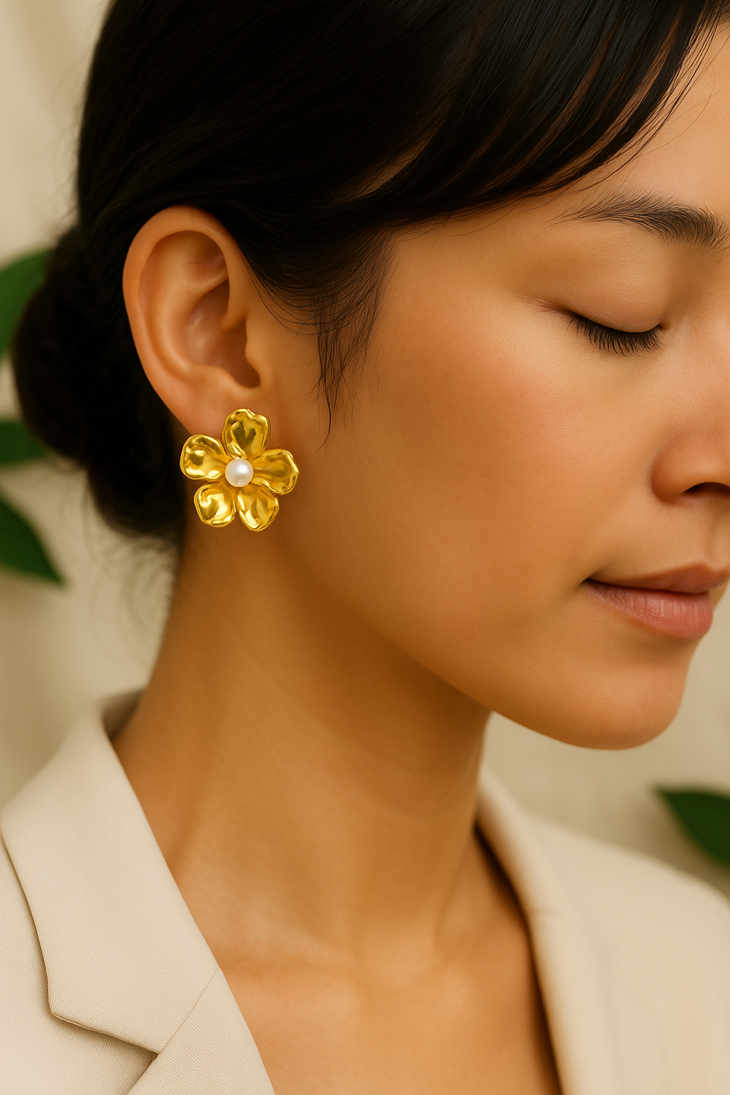 Flower style earrings with pearl